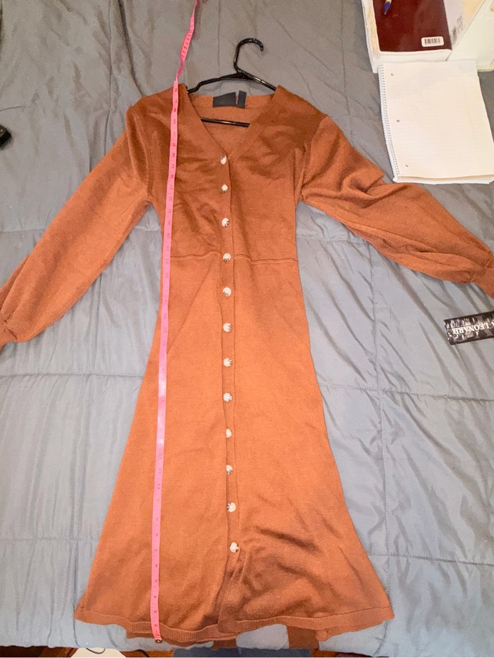 NWTNina Leonard Chestnut Brown Button Front Sweater Knit Midi Dress w/ Tie Belt - Picture 4 of 9